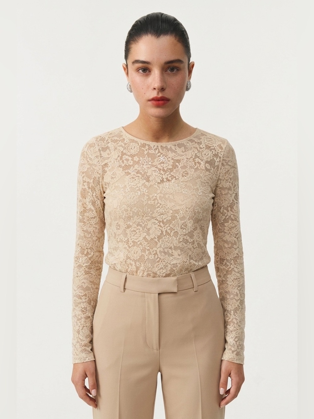 Lace Long-Sleeve Top - Cream - Picture 2 of 12